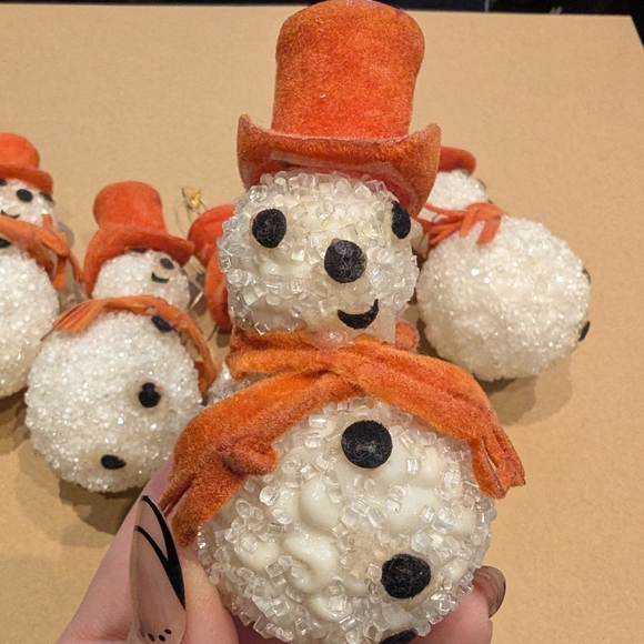 Vintage Handmade Christmas Festive Snowman Ornaments with Orange Hats - Picture 8 of 8